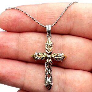 Sterling Silver Gold Plated Accents Ornate Cross Pendant 16 Inch Necklace